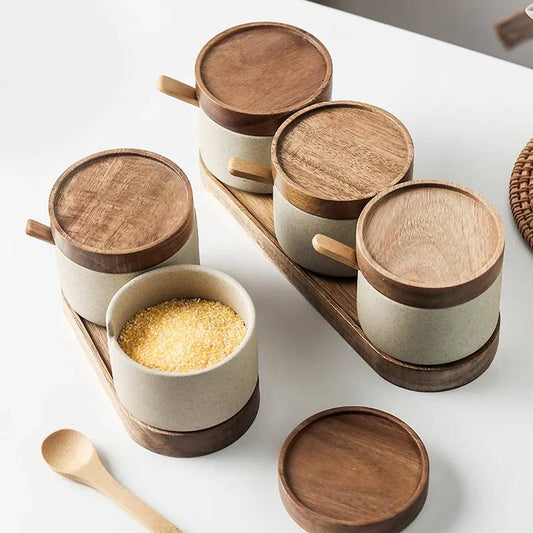 Ceramic spice jars set with wooden lid