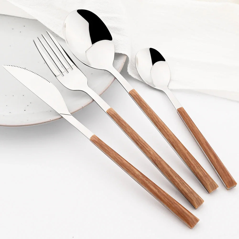 Cutlery set made of stainless steel with wooden handles – 30-piece