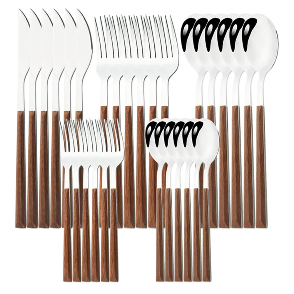 Cutlery set made of stainless steel with wooden handles – 30-piece