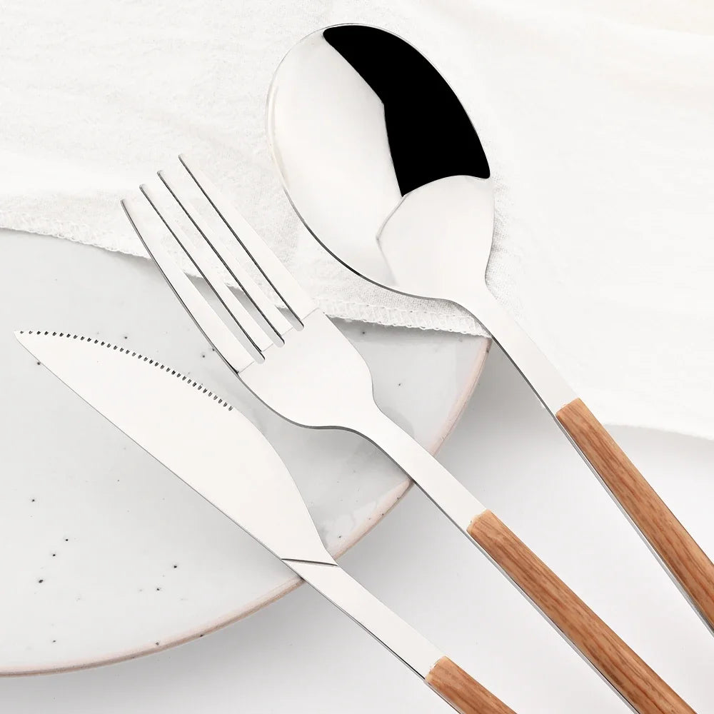Cutlery set made of stainless steel with wooden handles – 30-piece