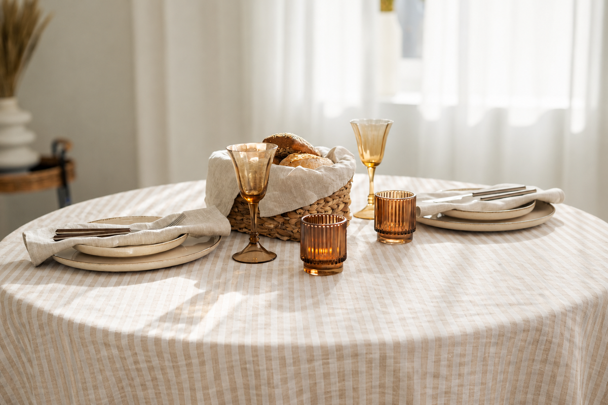 Runde Tischdecke aus Leinen – Beige gestreift