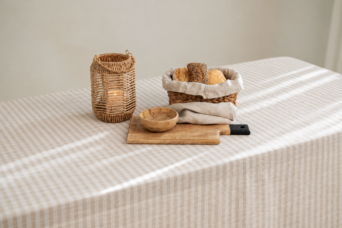 Beige gestreiftes Stonewashed-Leinen – Stoffdetail