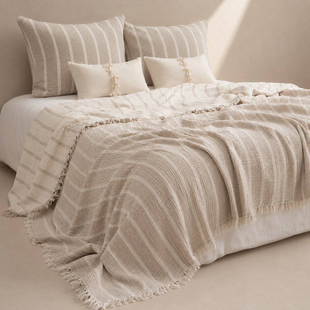 Musselin Bettüberwurf aus türkischer Baumwolle – Wendbar – Beige