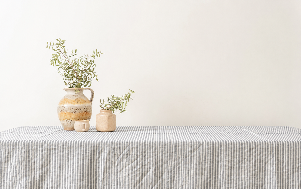Grau gestreiftes Stonewashed-Leinen – Stoffdetail