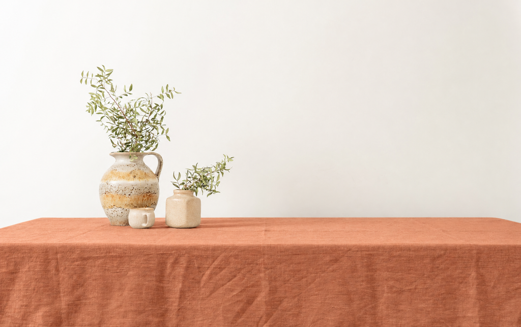 Stonewashed Leinen in Terrakotta – Stoffdetail