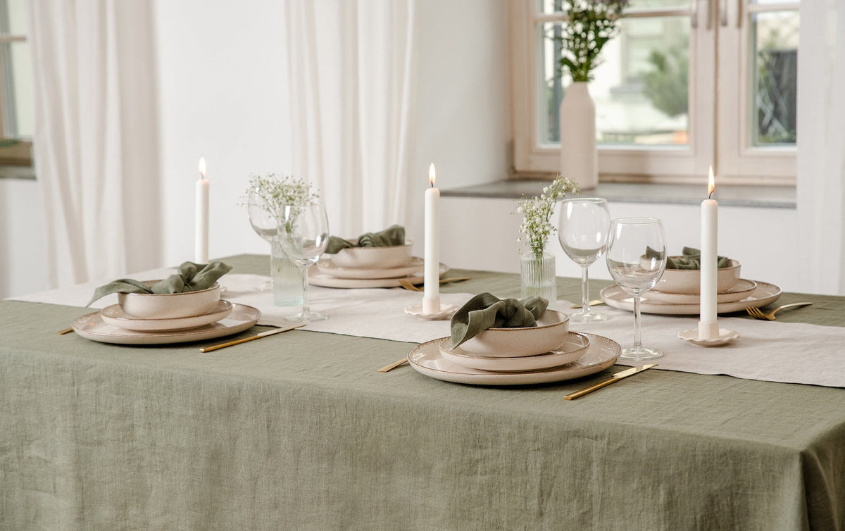 Rechteckige Tischdecke aus Leinen – Olivgrün