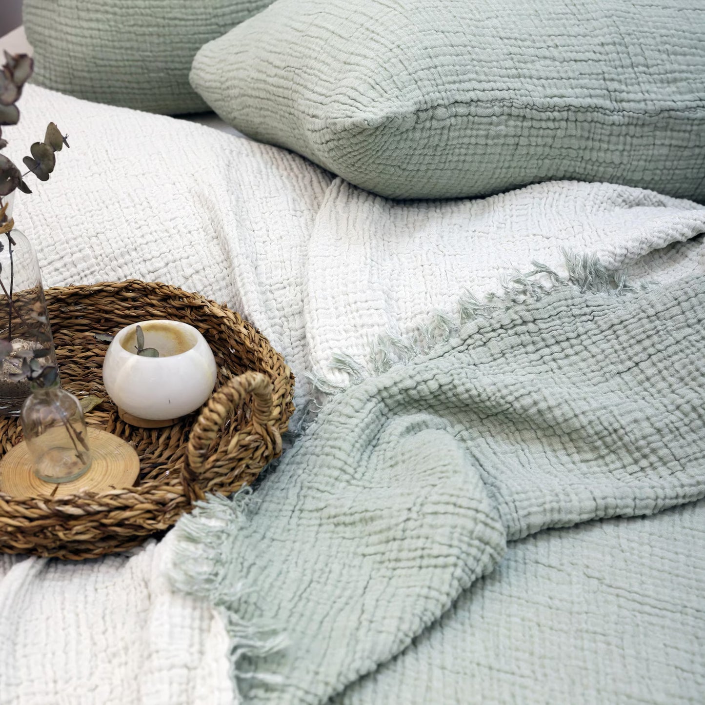 Musselin Bettüberwurf Set aus 100% türkischer Bio-Baumwolle – inkl. 2 Kissenbezüge