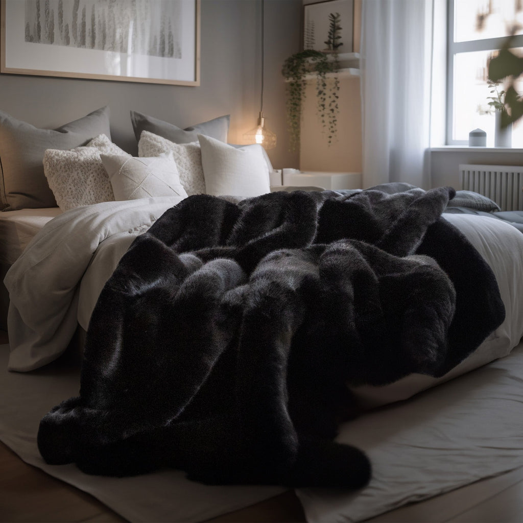 Schwarze Kunstfelldecke auf dem Sofa – Lava