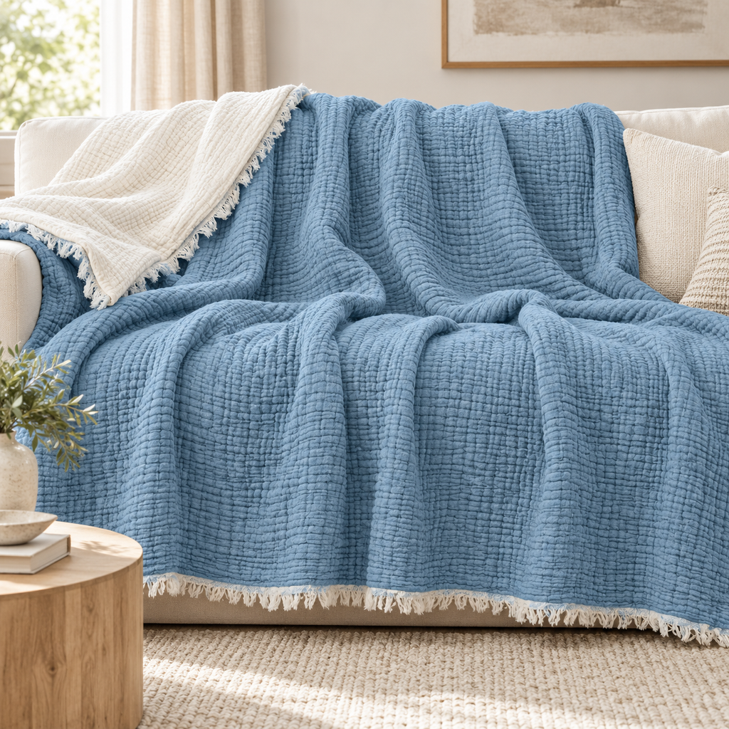 Musselin-Decke aus Bio-Baumwolle – 8-lagig – Hellblau