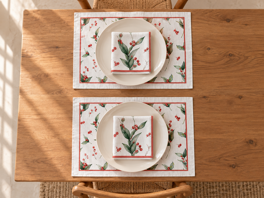 Platzsets mit Servietten für Weihnachten aus bedrucktem Leinen – Beerenreigen
