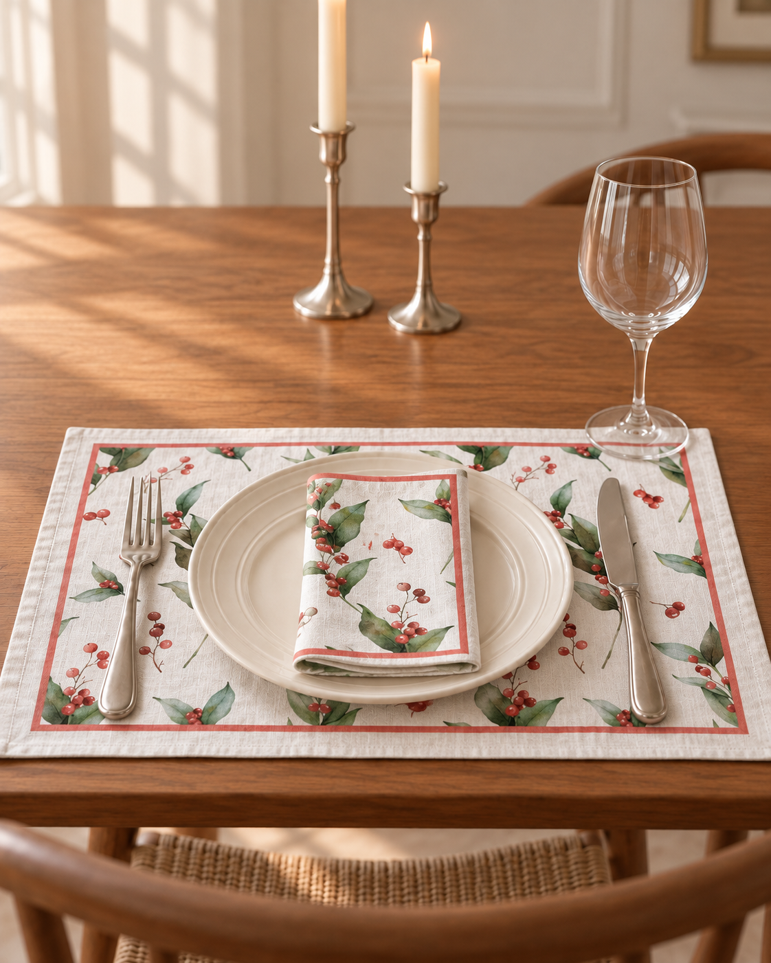 Platzsets mit Servietten für Weihnachten aus bedrucktem Leinen – Beerenreigen