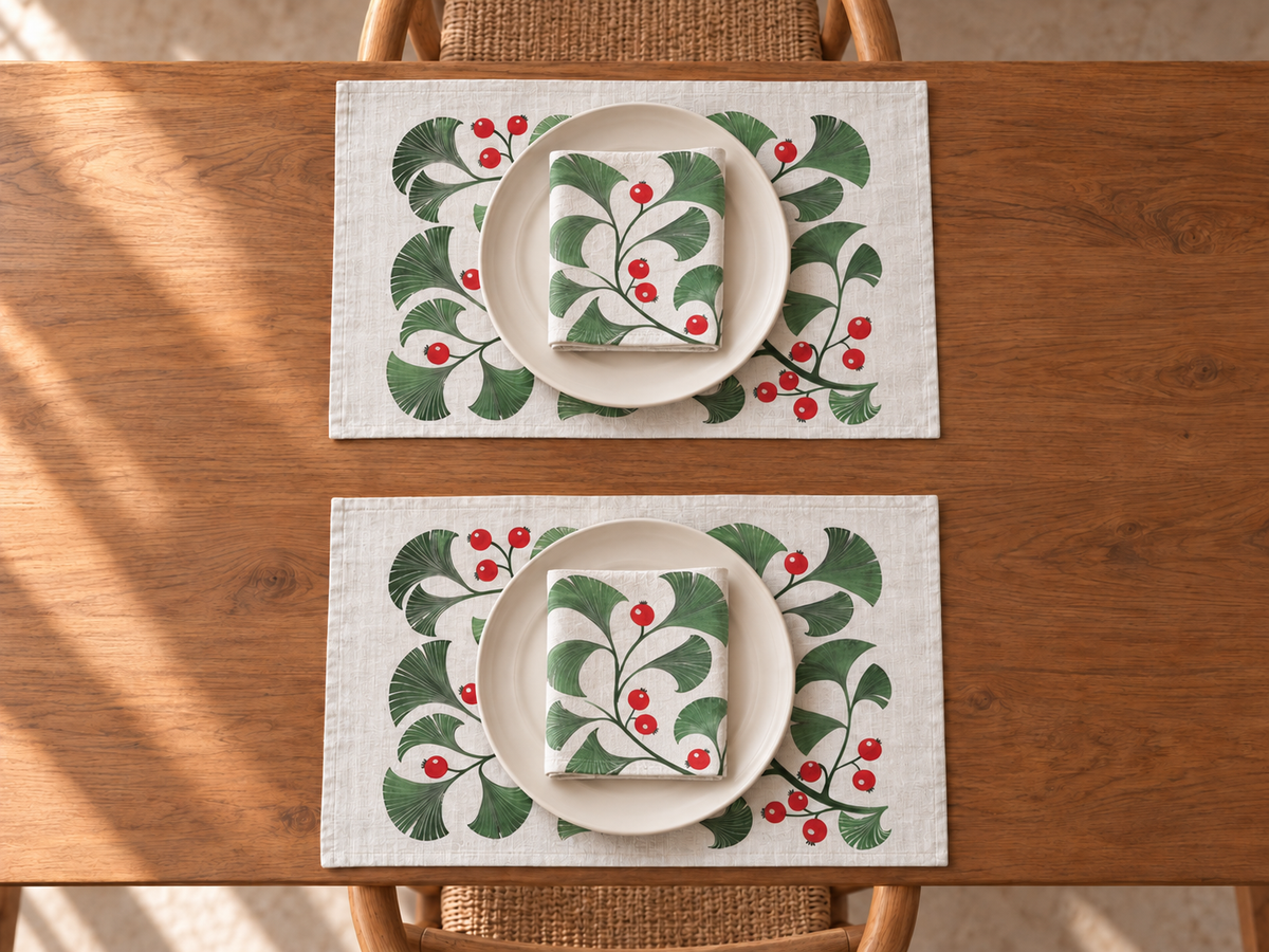Platzsets mit Servietten für Weihnachten aus bedrucktem Leinen – Beerenzweige