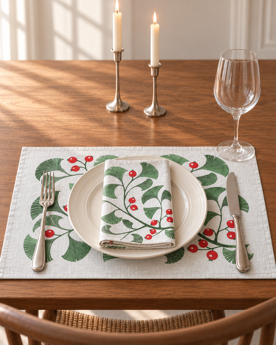 Platzsets mit Servietten für Weihnachten aus bedrucktem Leinen – Beerenzweige