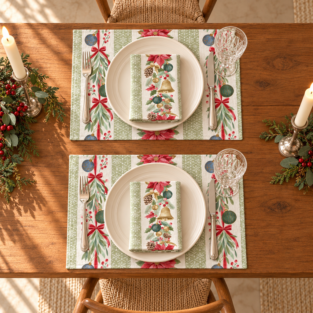 Platzsets mit Servietten für Weihnachten aus bedrucktem Leinen – Festliche Girlanden