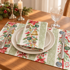Platzsets mit Servietten für Weihnachten aus bedrucktem Leinen – Festliche Girlanden