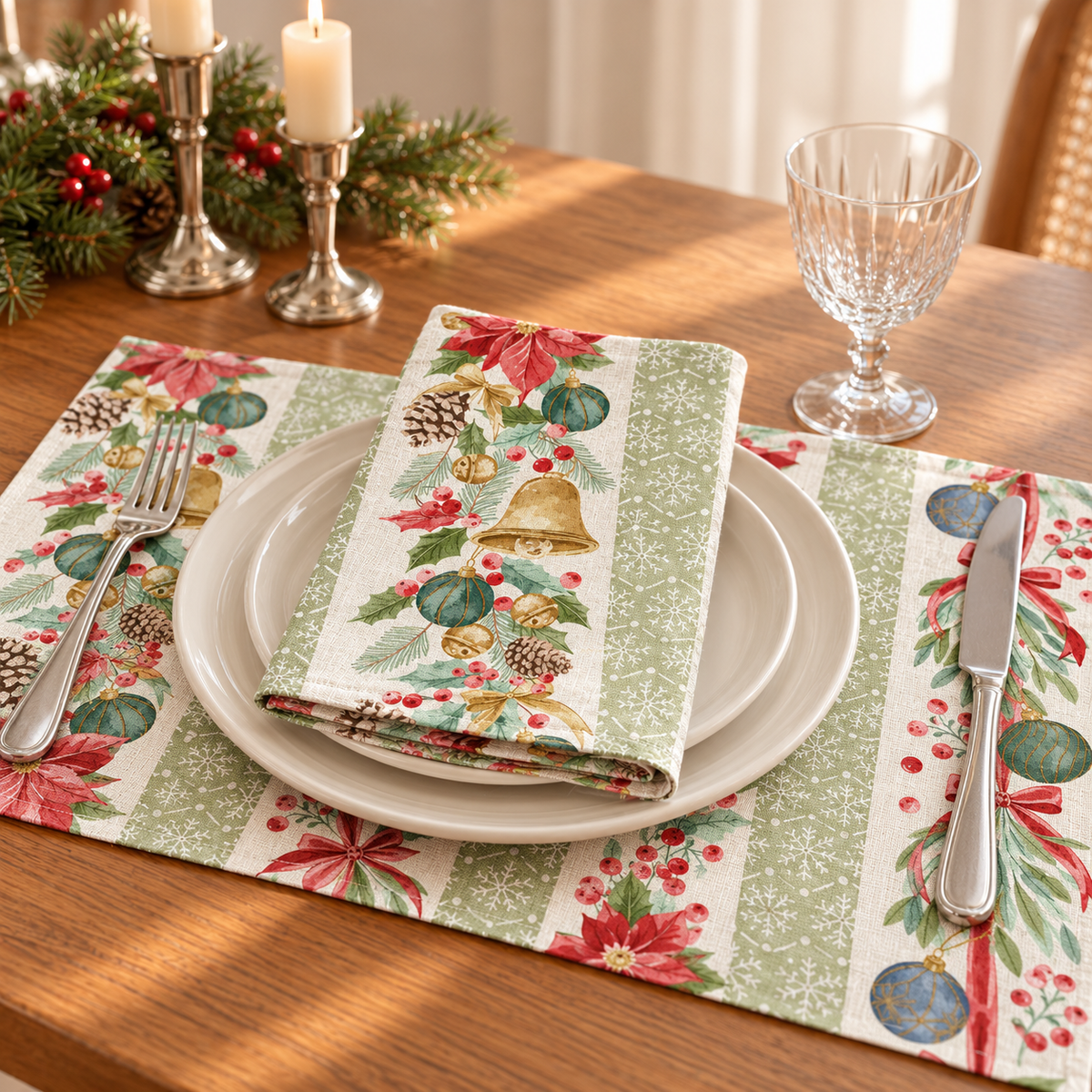 Platzsets mit Servietten für Weihnachten aus bedrucktem Leinen – Festliche Girlanden