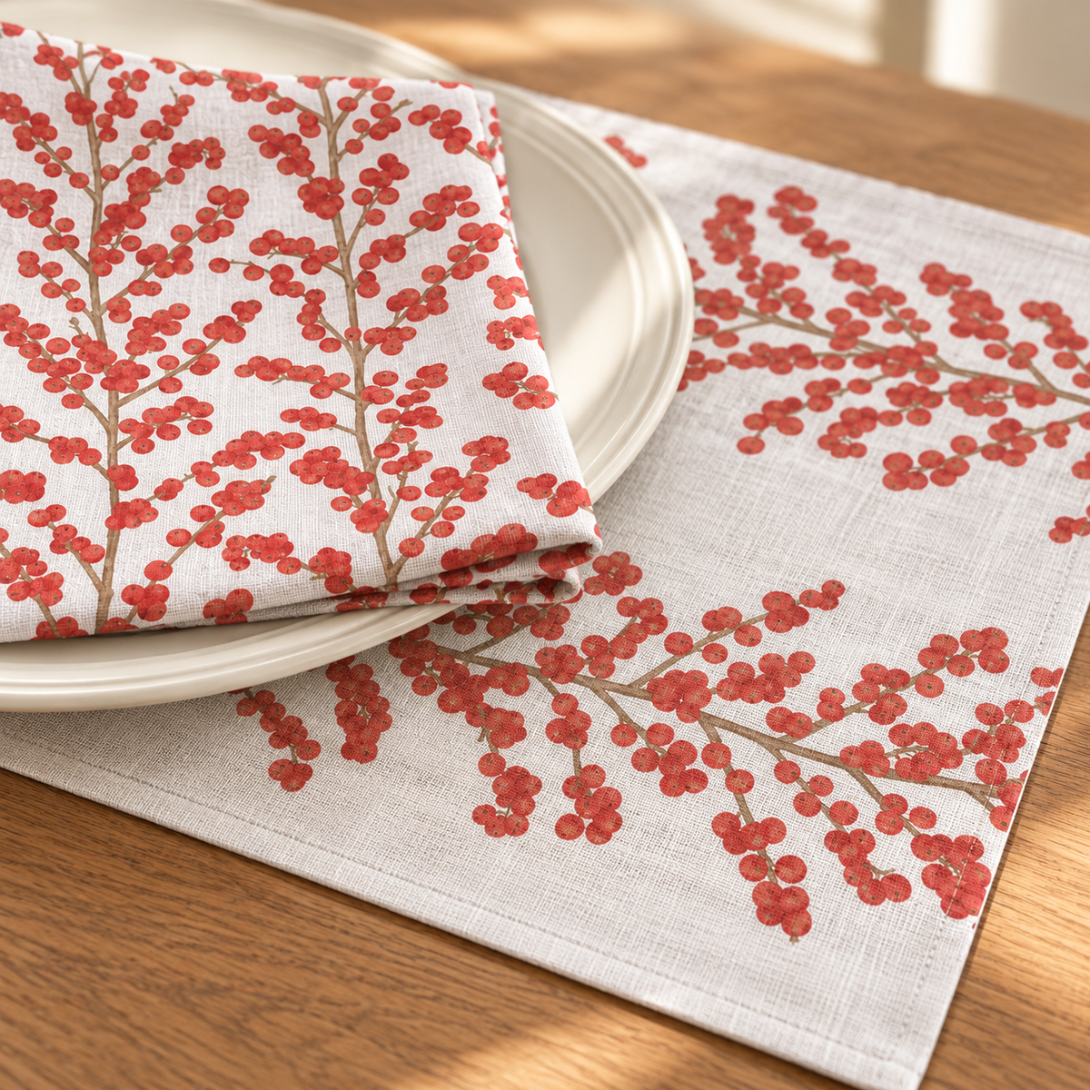 Platzsets mit Servietten für Weihnachten aus bedrucktem Leinen – Rubinranken