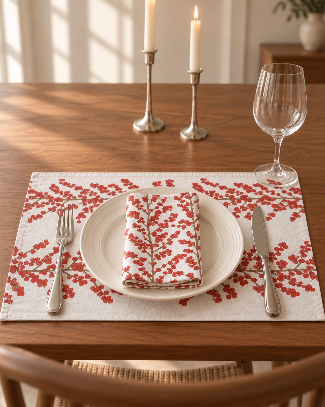 Platzsets mit Servietten für Weihnachten aus bedrucktem Leinen – Rubinranken