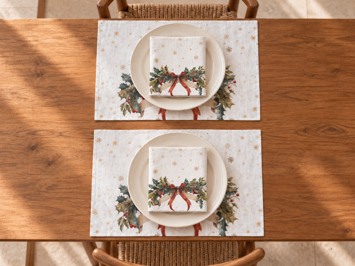 Platzsets mit Servietten für Weihnachten aus bedrucktem Leinen – Schleifenzauber