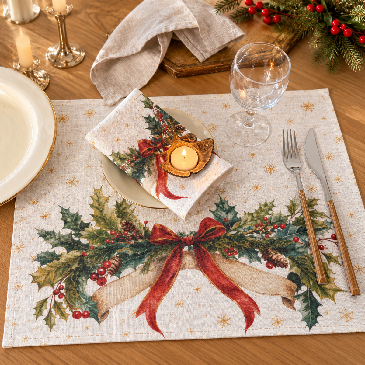 Platzsets mit Servietten für Weihnachten aus bedrucktem Leinen – Schleifenzauber