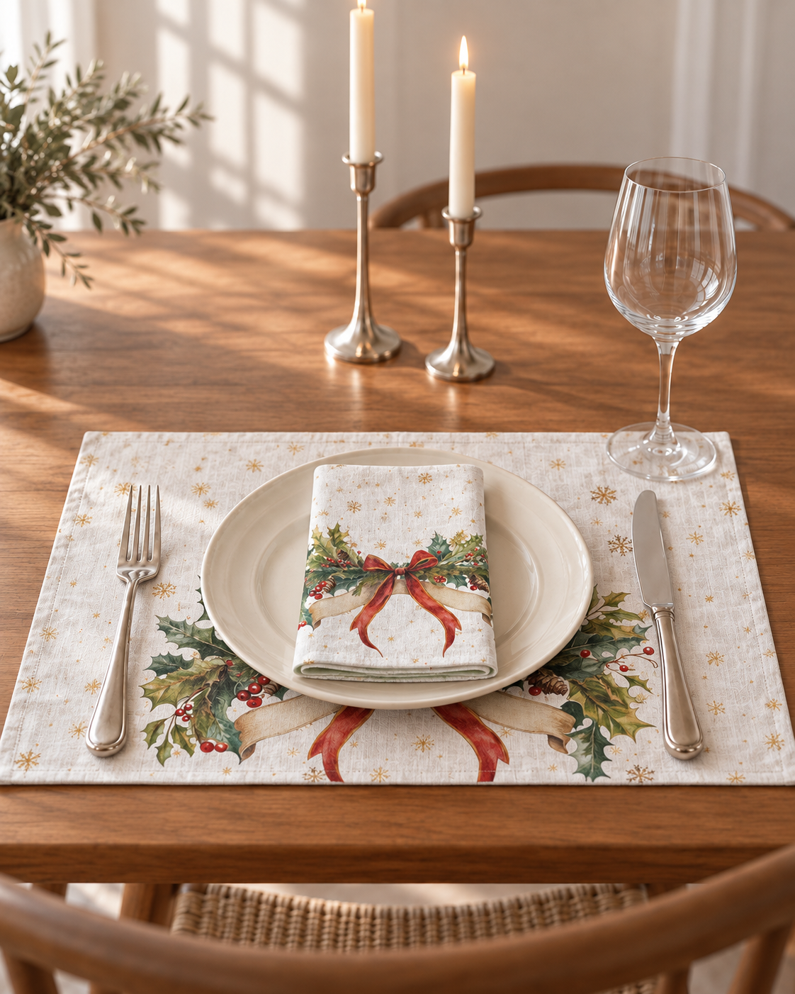 Printed linen Christmas placemats with napkins - Bow magic