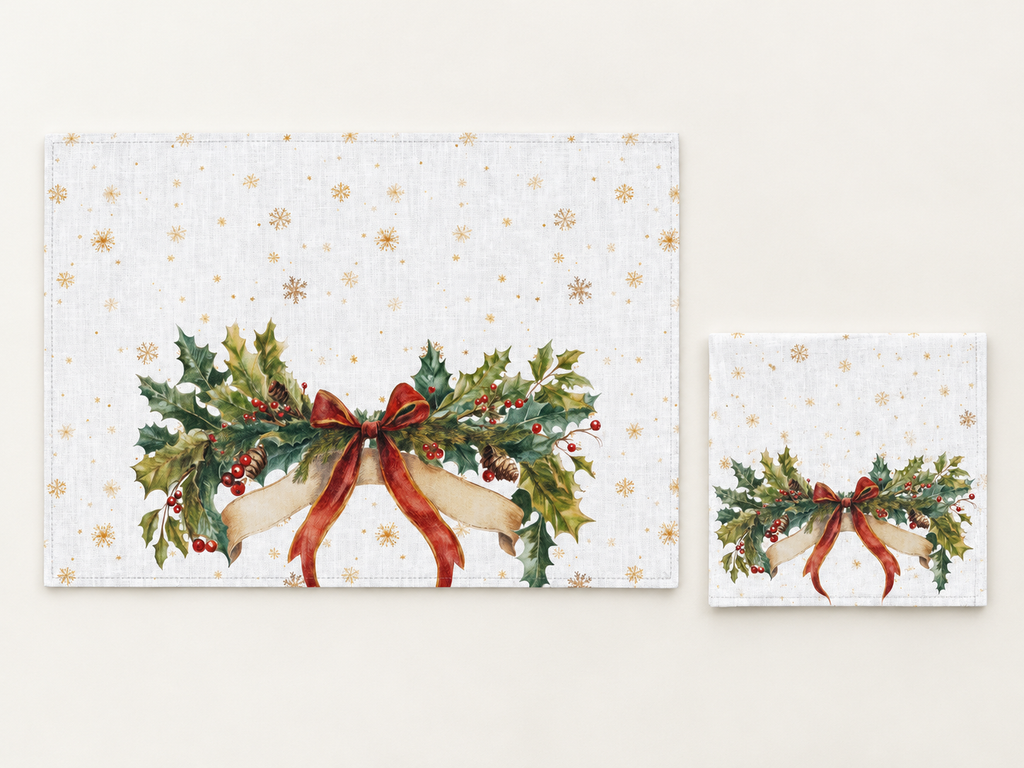 Platzsets mit Servietten für Weihnachten aus bedrucktem Leinen – Schleifenzauber
