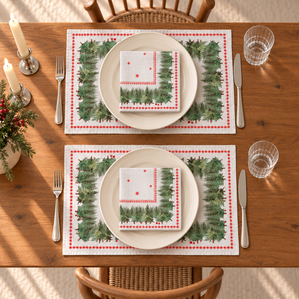 Platzsets mit Servietten für Weihnachten aus bedrucktem Leinen – Tannen & Sterne