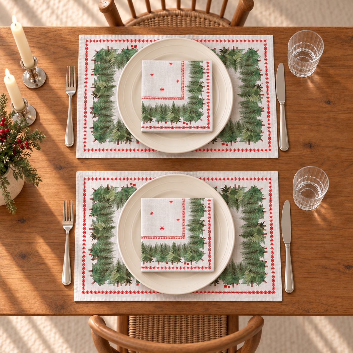 Platzsets mit Servietten für Weihnachten aus bedrucktem Leinen – Tannen & Sterne