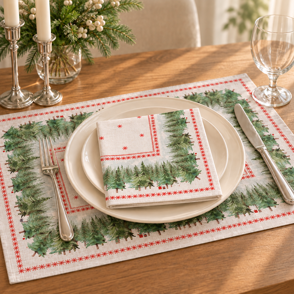Platzsets mit Servietten für Weihnachten aus bedrucktem Leinen – Tannen & Sterne