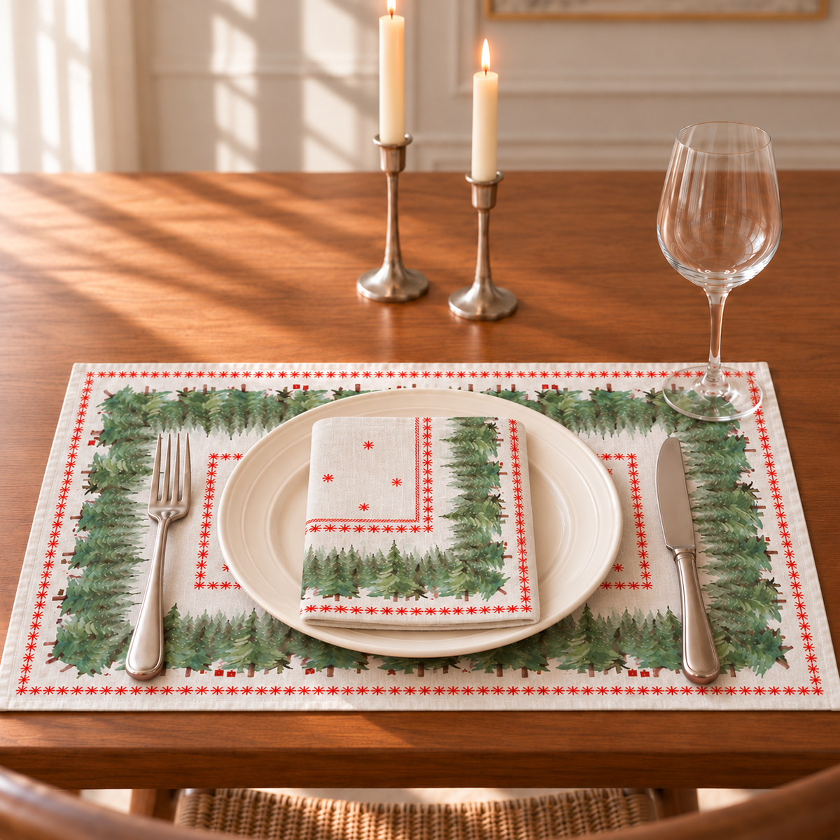Platzsets mit Servietten für Weihnachten aus bedrucktem Leinen – Tannen & Sterne