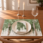 Platzsets mit Servietten für Weihnachten aus bedrucktem Leinen – Tannensilhouetten