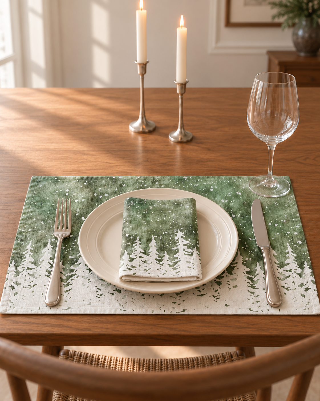 Printed linen Christmas placemats with napkins - Fir tree silhouettes