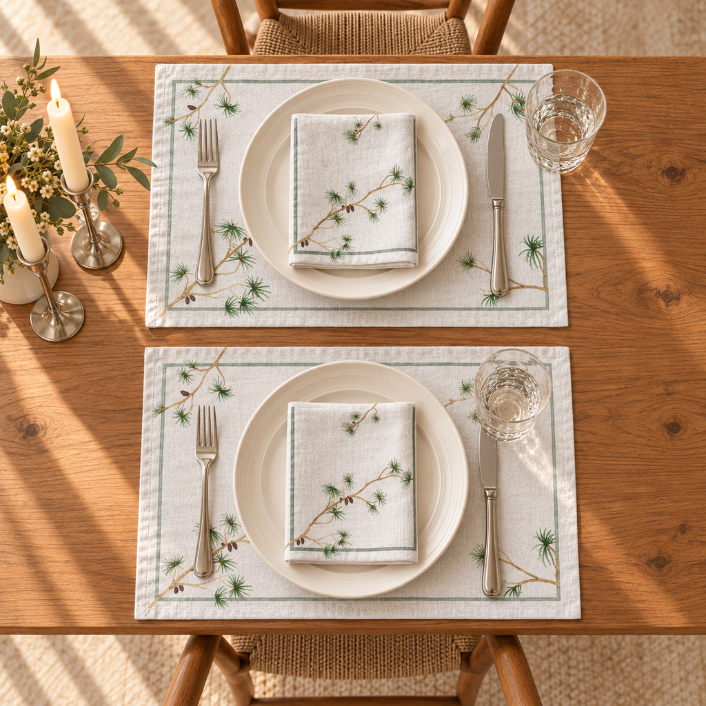 Platzsets mit Servietten für Weihnachten aus bedrucktem Leinen – Zapfen & Zweige