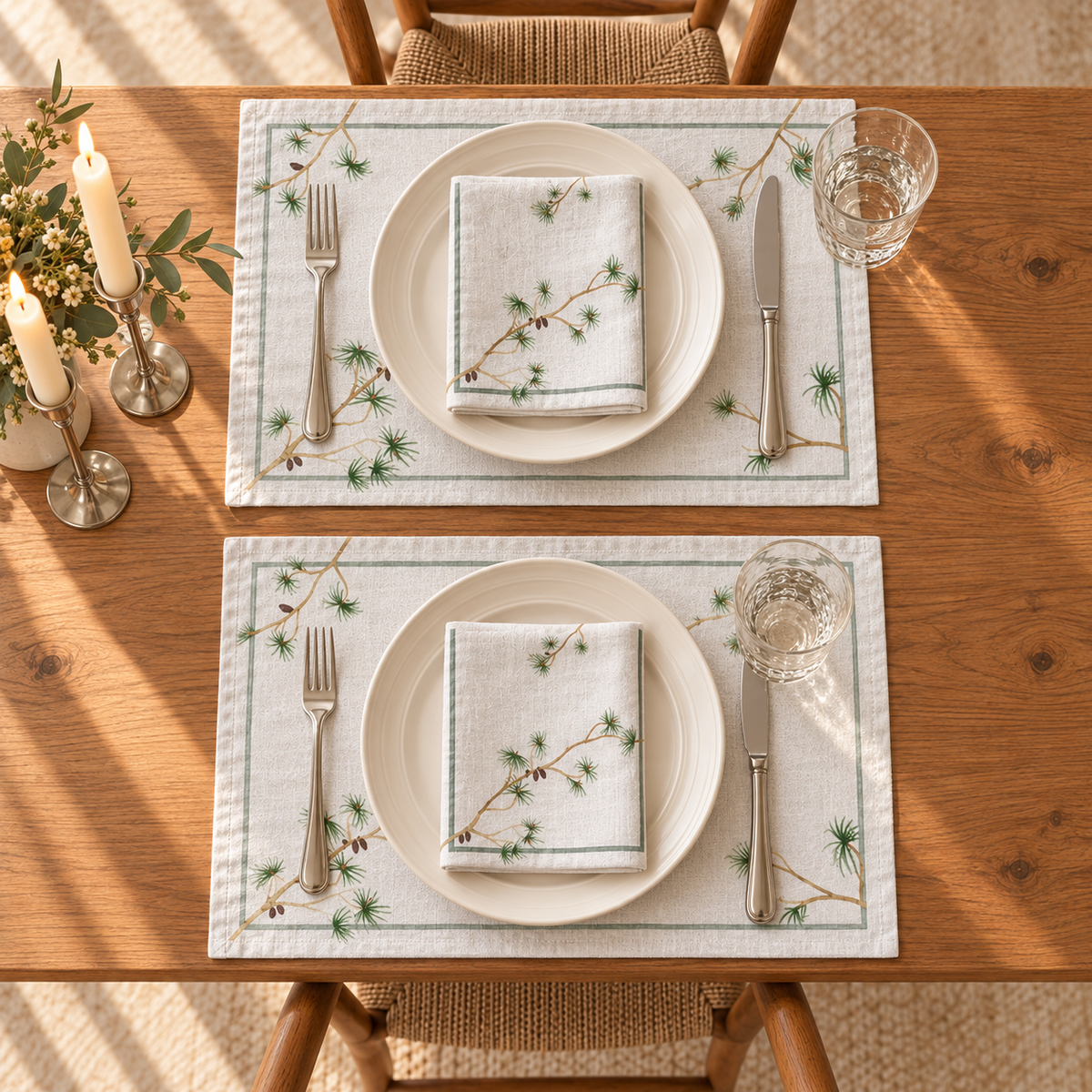 Platzsets mit Servietten für Weihnachten aus bedrucktem Leinen – Zapfen & Zweige