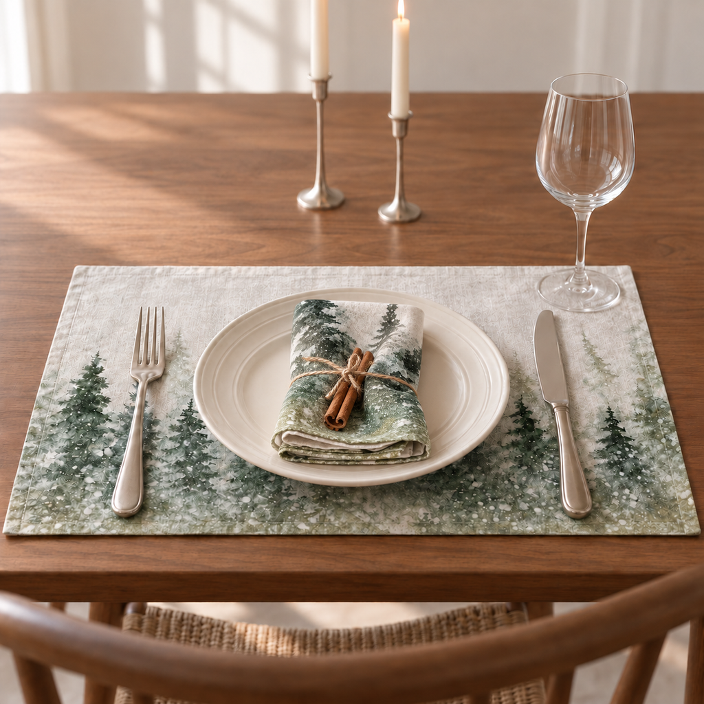 Platzsets mit Servietten für Weihnachten aus bedrucktem Leinen – Winterwald
