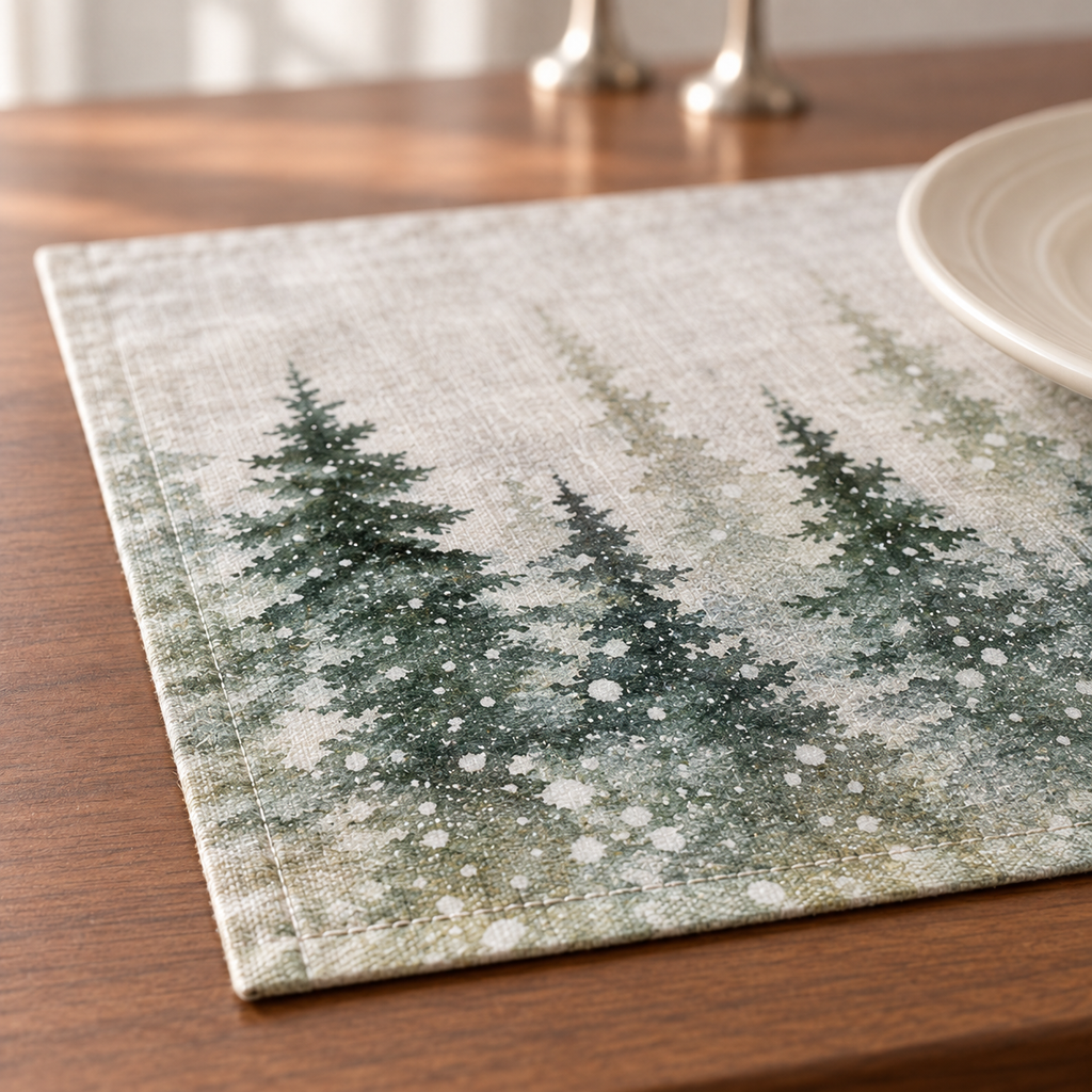 Platzsets mit Servietten für Weihnachten aus bedrucktem Leinen – Winterwald
