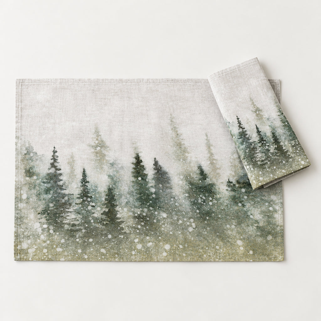 Platzsets mit Servietten für Weihnachten aus bedrucktem Leinen – Winterwald