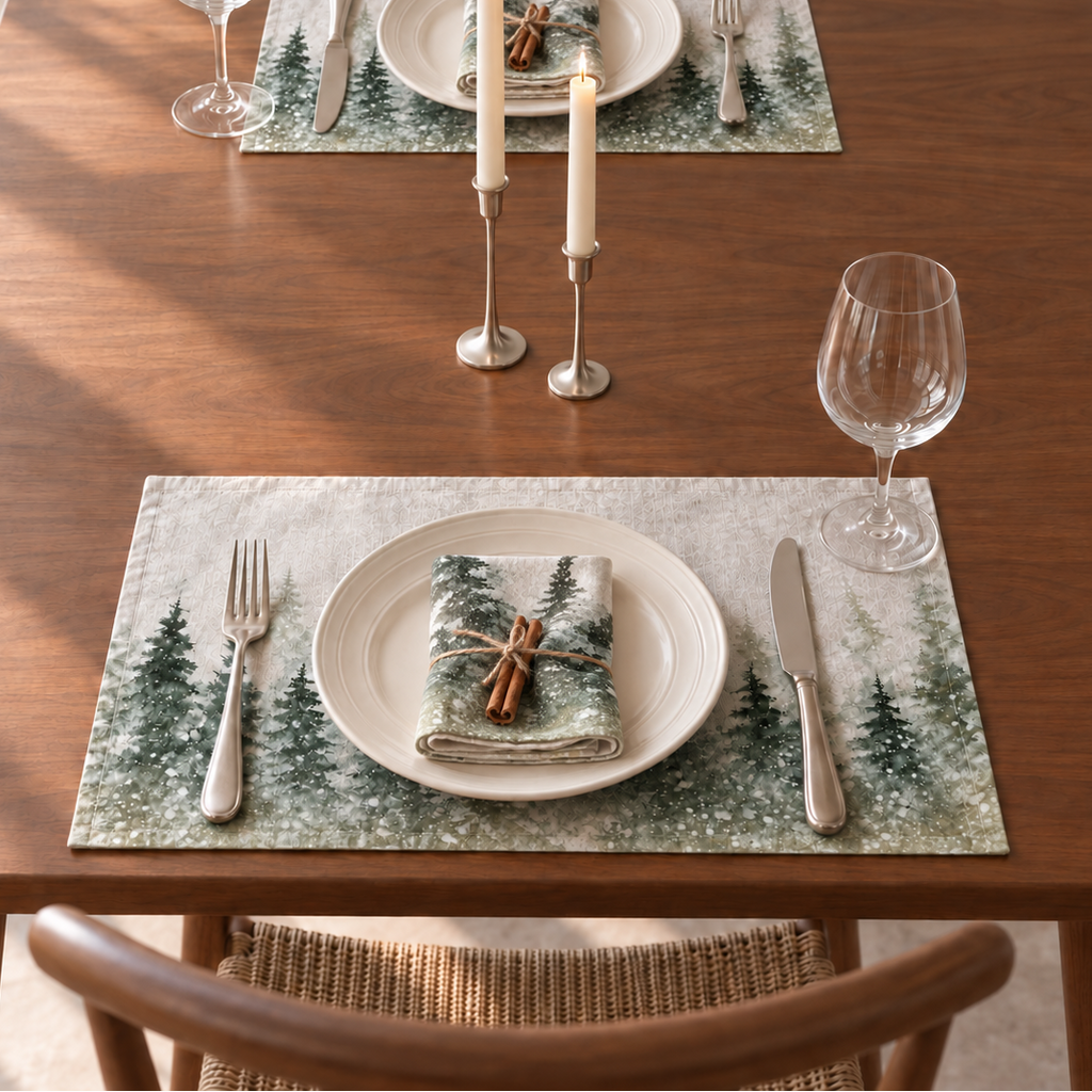 Platzsets mit Servietten für Weihnachten aus bedrucktem Leinen – Winterwald