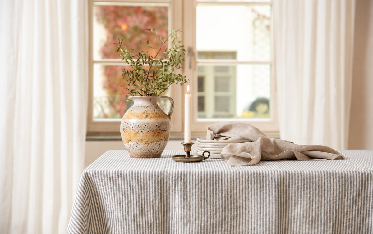 Quadratische Tischdecke aus Leinen – Grau gestreift