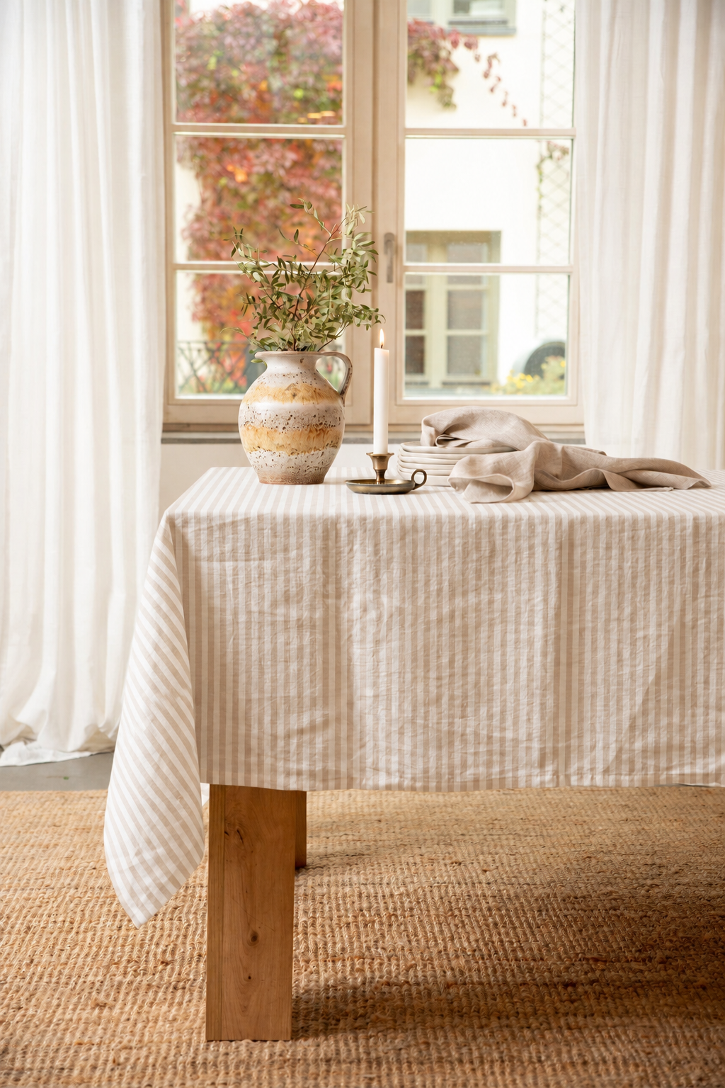 Rechteckige Tischdecke aus Leinen – Beige gestreift