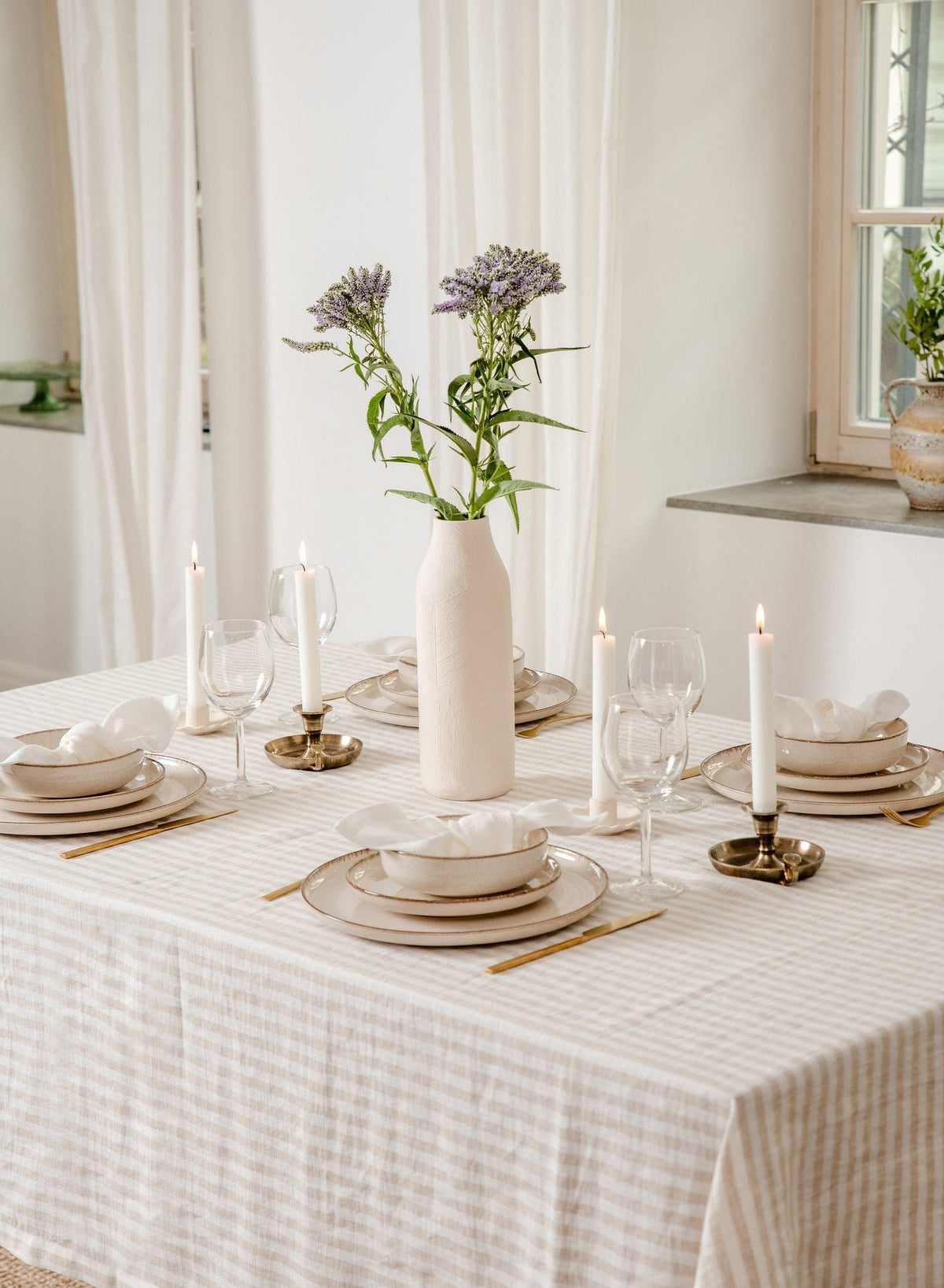 Rechteckige Tischdecke aus Leinen – Beige gestreift