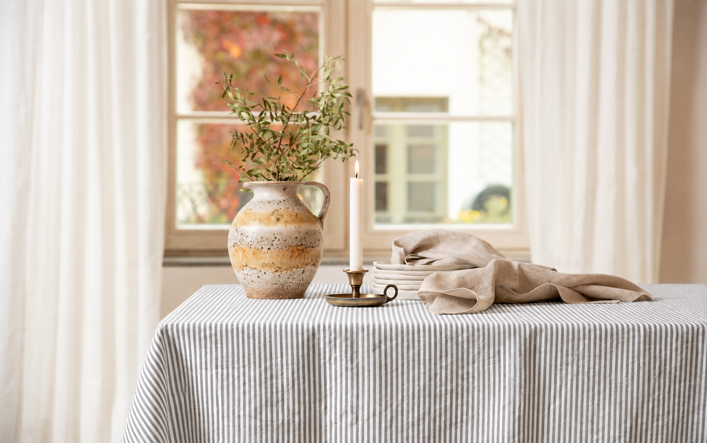 Grau gestreifte Tischdecke – gedeckter Tisch