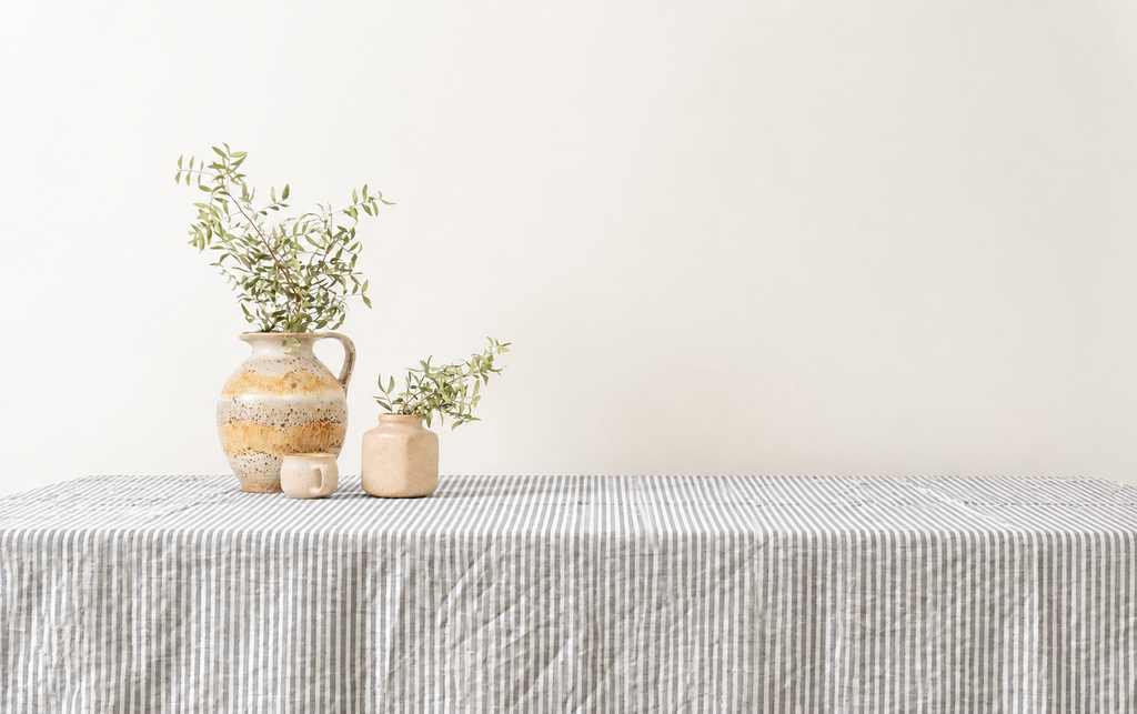 Grau gestreiftes Stonewashed-Leinen – Stoffdetail