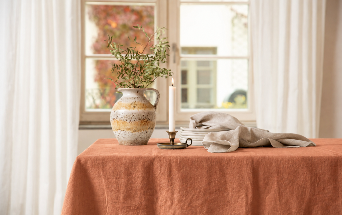 Rechteckige Tischdecke aus Leinen – Terrakotta