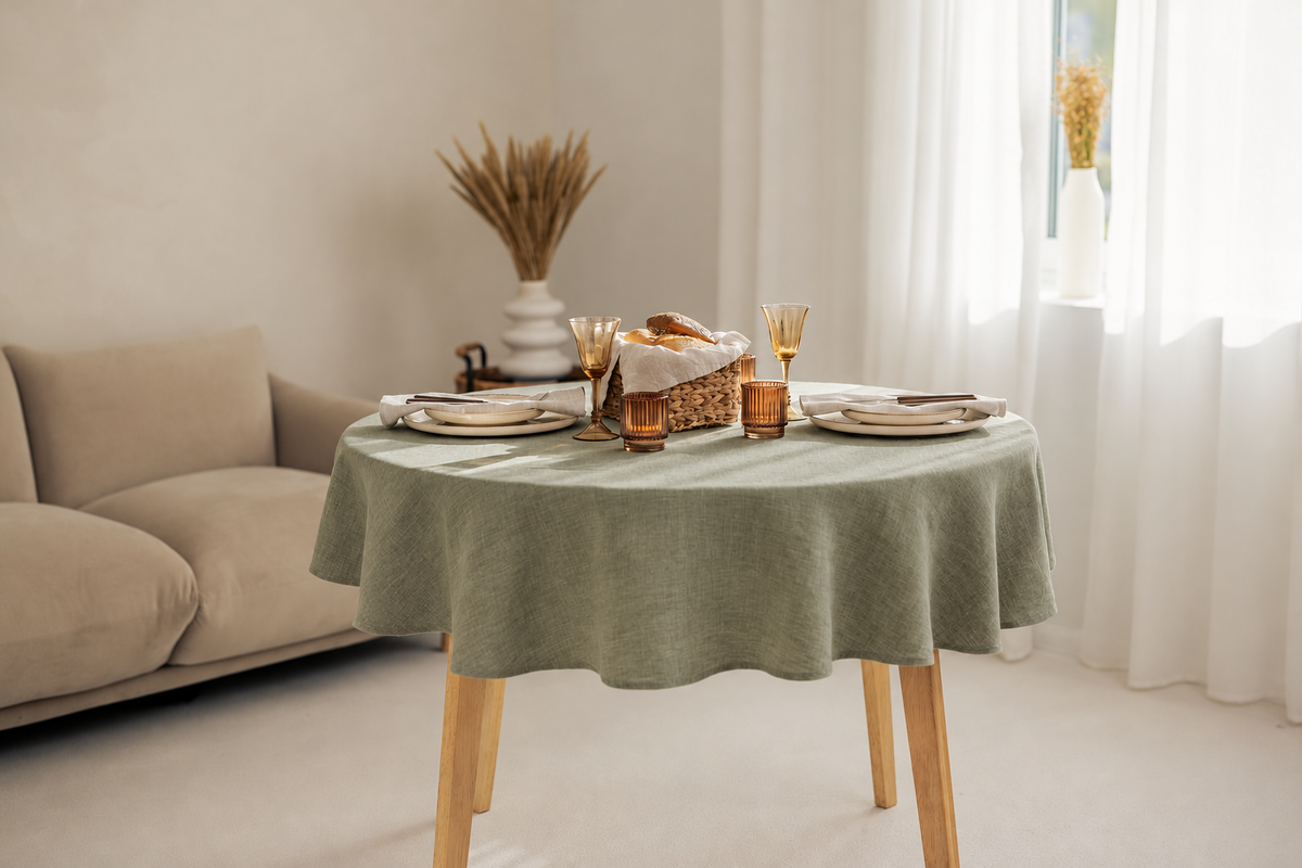 Runde Tischdecke aus Leinen – Olivgrün