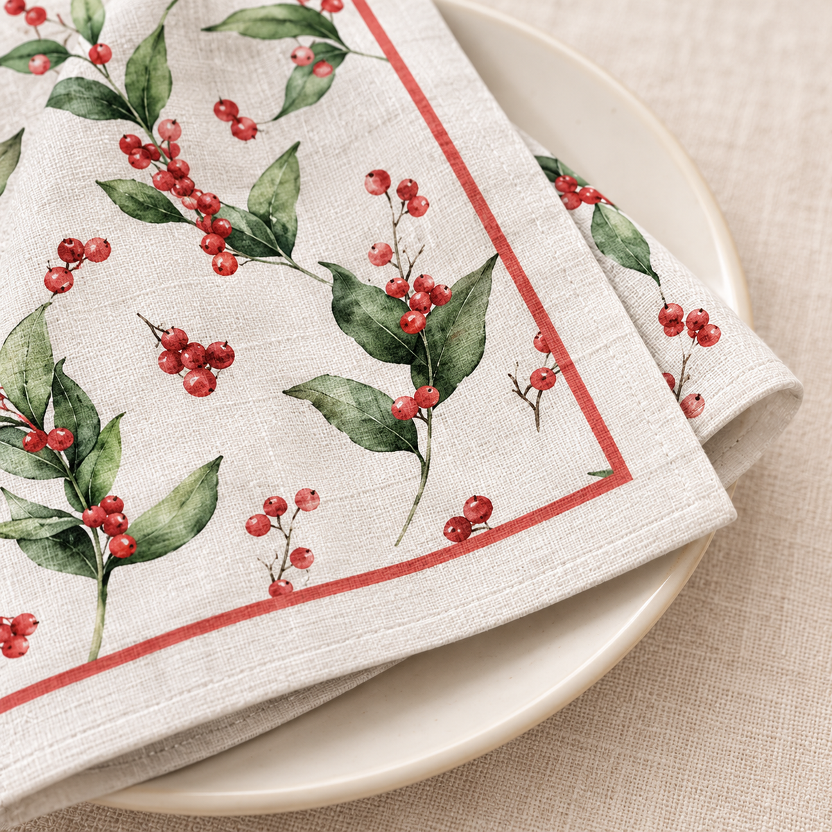 Servietten für Weihnachten aus bedrucktem Leinen – Beerenreigen
