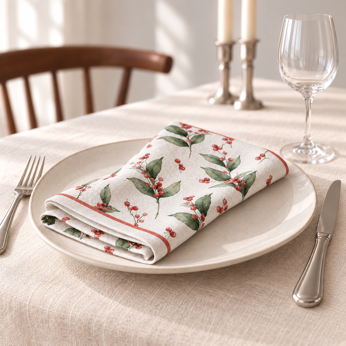 Servietten für Weihnachten aus bedrucktem Leinen – Beerenreigen
