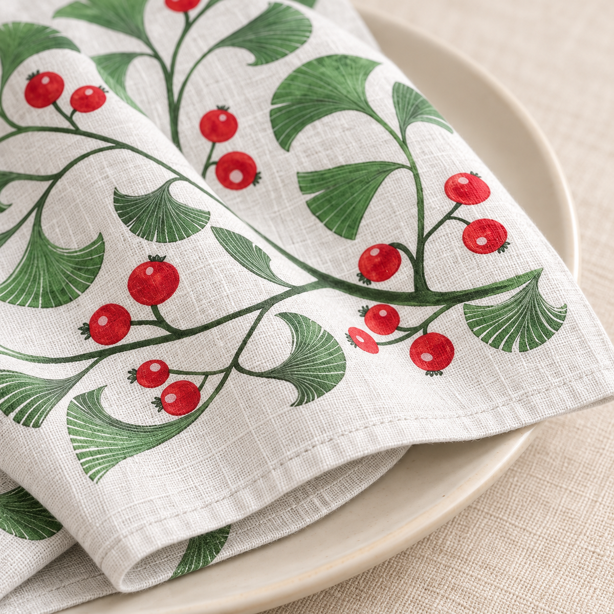 Printed linen Christmas napkins – Berry branches