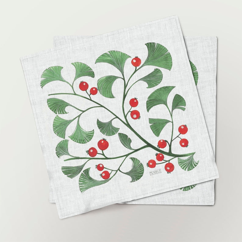 Servietten für Weihnachten aus bedrucktem Leinen – Beerenzweige