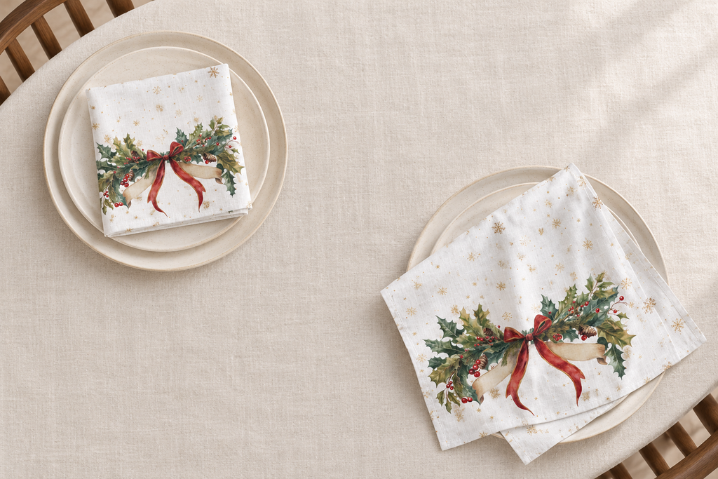 Servietten für Weihnachten aus bedrucktem Leinen – Schleifenzauber